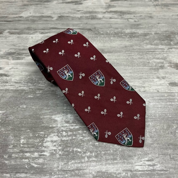 Polo Ralph Lauren Maroon Tennis Racket Shield Woven Silk Tie - Picture 1 of 4